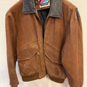 London Fog Brown Leather Bomber Jacket with Black Collar